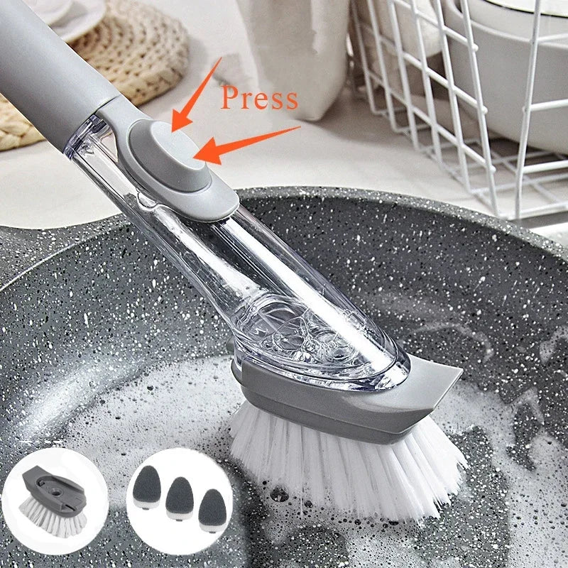 2-in-1 Soap Dispenser Kitchen Cleaning Brush – Long Handle Dish Scrubber with Sponge & Scraper | Leak-Proof Dishwashing Brush for Pots, Sink & Kitchen Cleaning