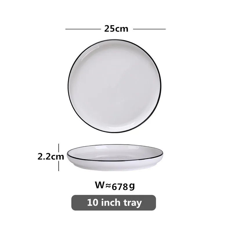 Modern Ceramic Dinner Plate – White Plate with Black Rim | Minimalist Round Dish for Rice, Salad, Pasta & Soup | Kitchen & Dining Tableware