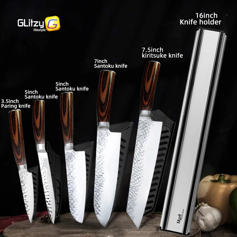 Japanese Chef Knife Set – 7CR17 High Carbon Stainless Steel Kitchen Knives | Ultra Sharp Santoku, Utility & Cleaver with Pakka Wood Handle