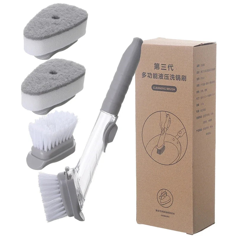 2-in-1 Soap Dispenser Kitchen Cleaning Brush – Long Handle Dish Scrubber with Sponge & Scraper | Leak-Proof Dishwashing Brush for Pots, Sink & Kitchen Cleaning