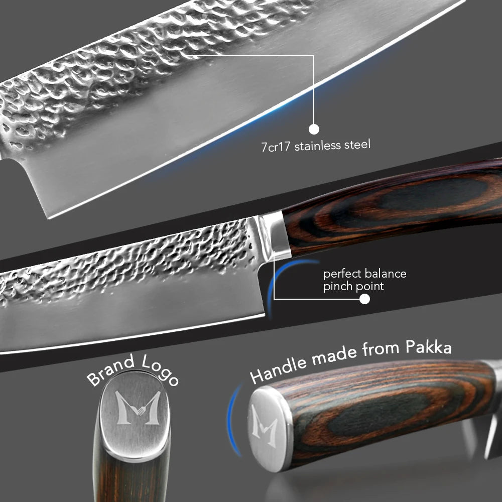 Japanese Chef Knife Set – 7CR17 High Carbon Stainless Steel Kitchen Knives | Ultra Sharp Santoku, Utility & Cleaver with Pakka Wood Handle