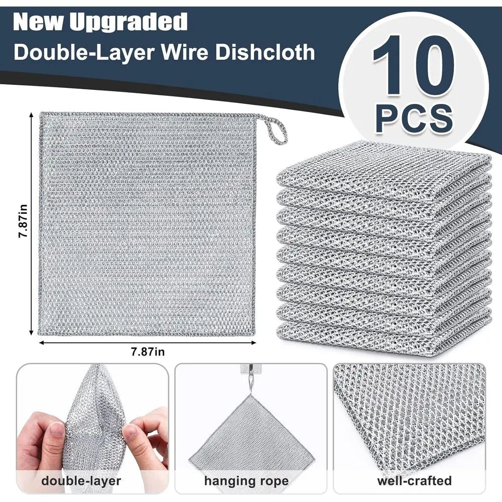 10-Pack Steel Wire Dish Scrubbers – Double-Layer Non-Scratch Cleaning Cloths | Heavy Duty Kitchen Sponge for Pots, Pans, Sinks & Cookware Cleaning