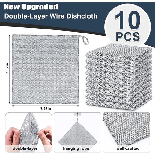 10-Pack Steel Wire Dish Scrubbers – Double-Layer Non-Scratch Cleaning Cloths | Heavy Duty Kitchen Sponge for Pots, Pans, Sinks & Cookware Cleaning
