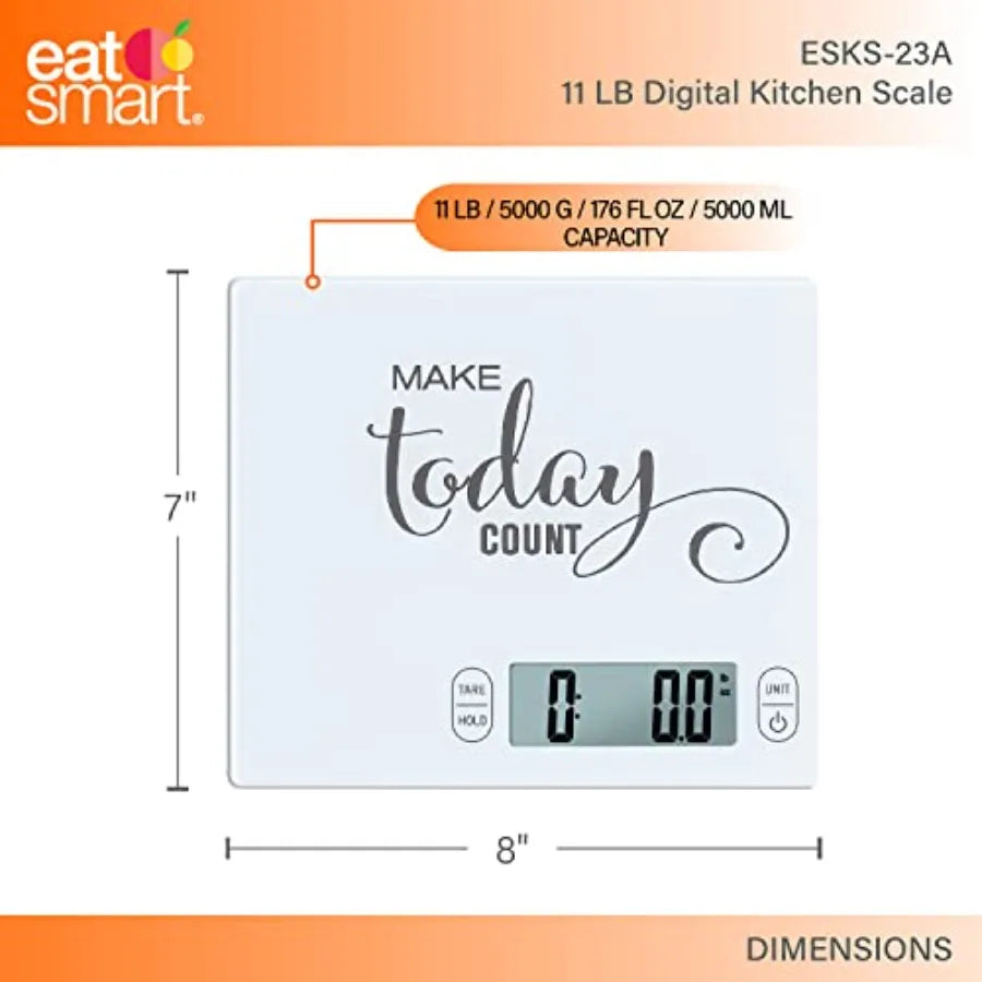 Eat Smart 11lb Digital Kitchen Scale – Glass Food Scale with Inspirational Design | High Precision Cooking & Baking Scale for Meal Prep & Portion Control